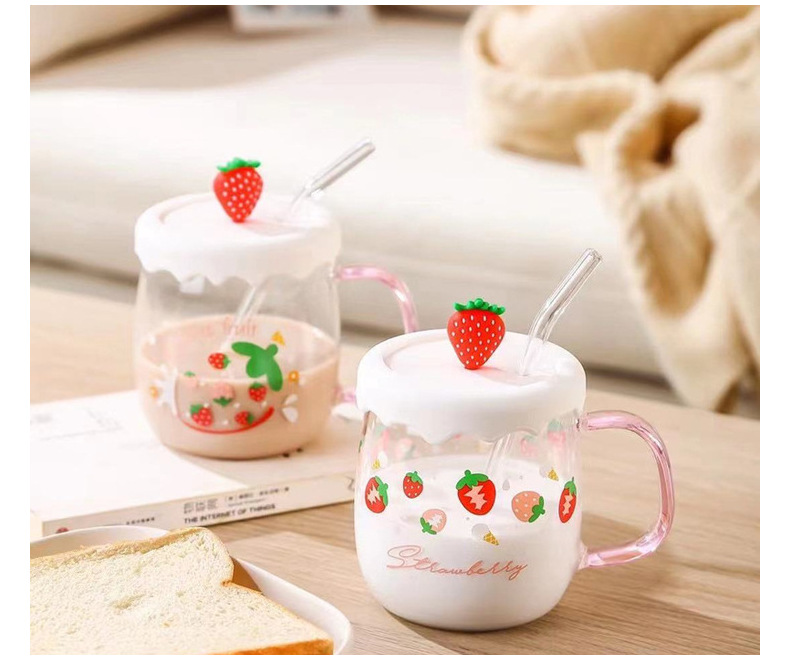 夏日饮品杯清新草莓吸管杯办公耐热玻璃杯学生闺蜜水杯一件代发详情18