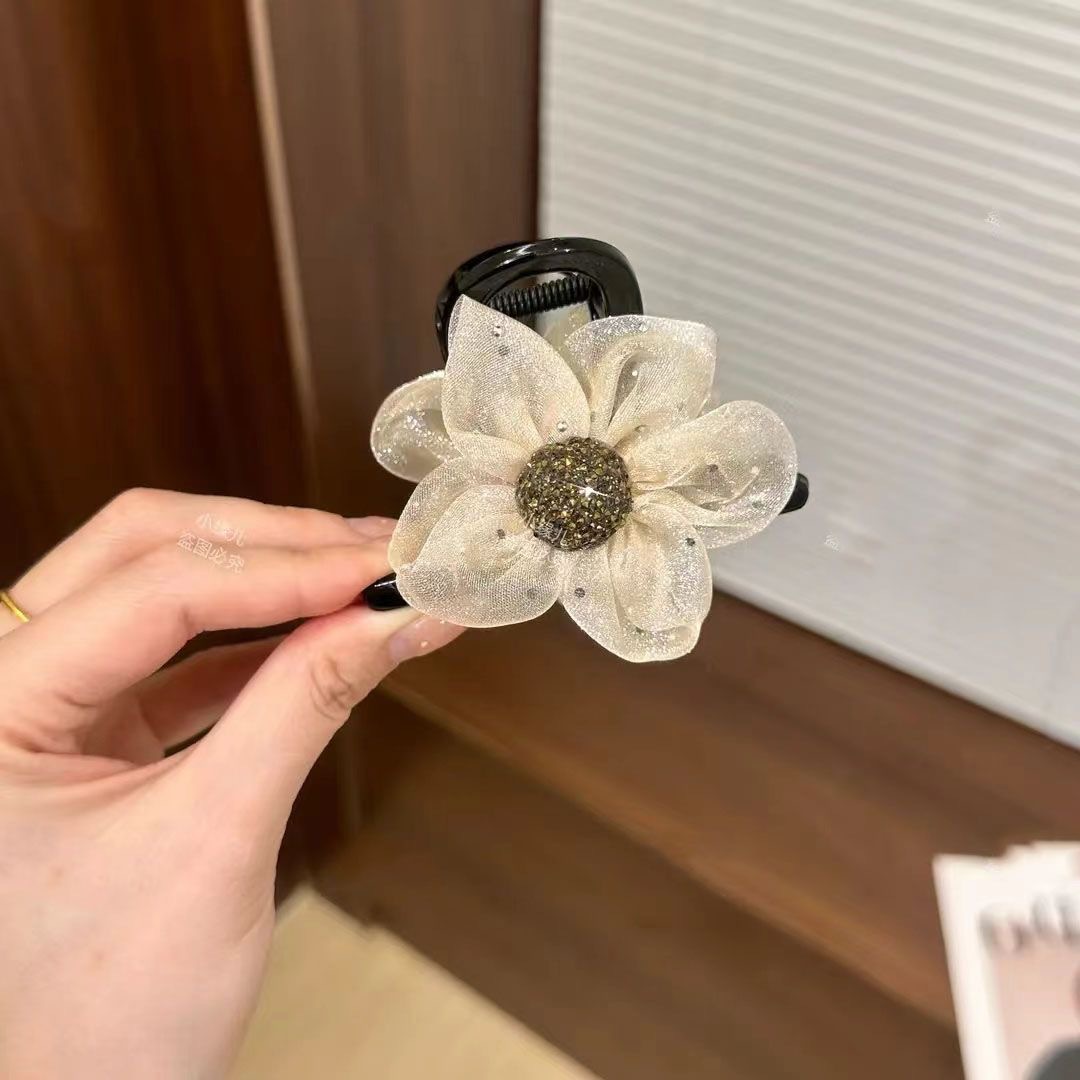 2025 New Sparkling diamond flower hair clip, feminine charm, shark clip at the back of the head, Korean-style mesh sunflower grab clip hair accessory pic 3