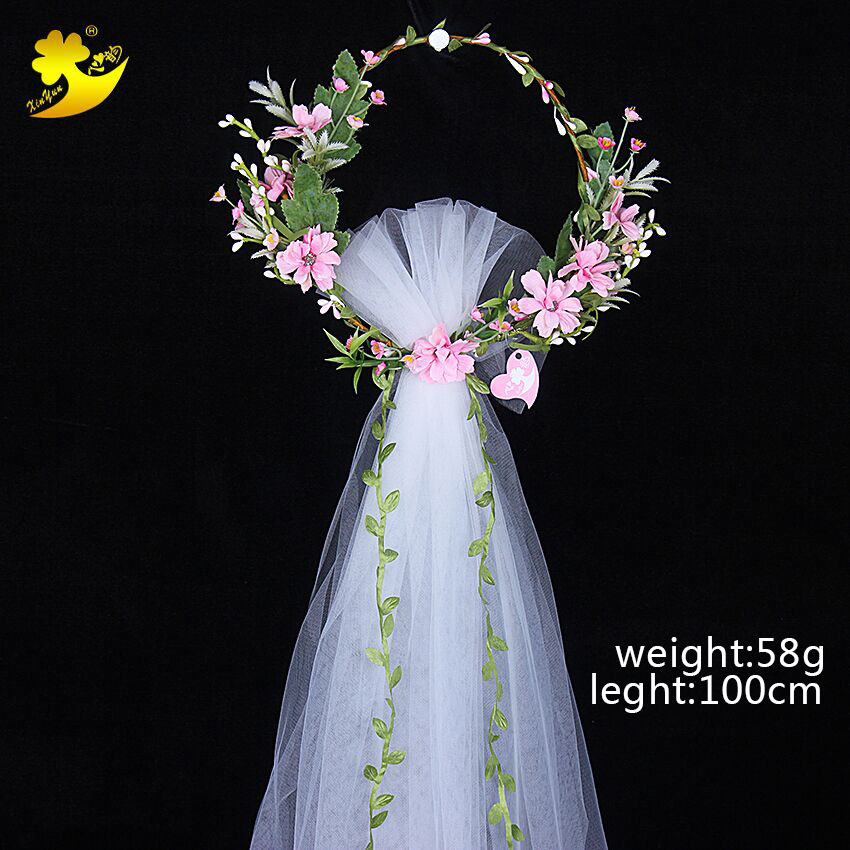 New bride veils from Japan and South Korea, seaside vacation photography, light pink veils, handcrafted simple double-layer forest-themed hair accessories wholesale pic 3