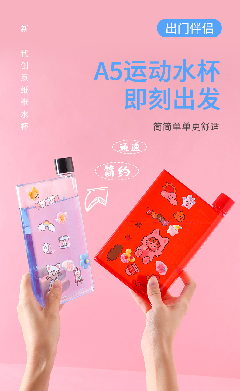 X49-A5个性创意扁平水杯韩系可爱学生户外便携塑料水杯DIY扁平水壶详情2