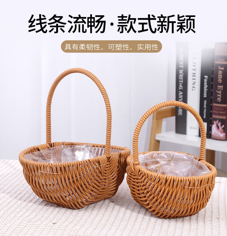 跨境专供现货供应皮筋仿藤花篮 道具摆件手工编织藤编提篮 插花花详情4