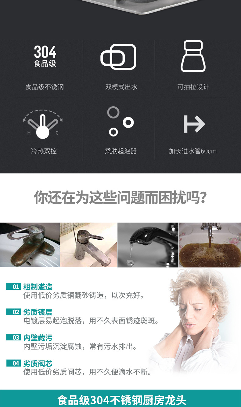 Faao Sanitary Ware 304 stainless steel pull-out kitchen faucet, double water outlet cold and hot sink faucet pic 20