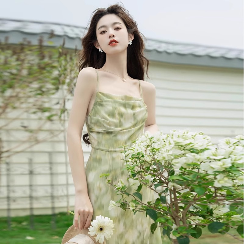 French green floral print dress for women, Summer Two-piece set 2025, versatile, super fairy-like gentle style cardigan A3118 pic 3