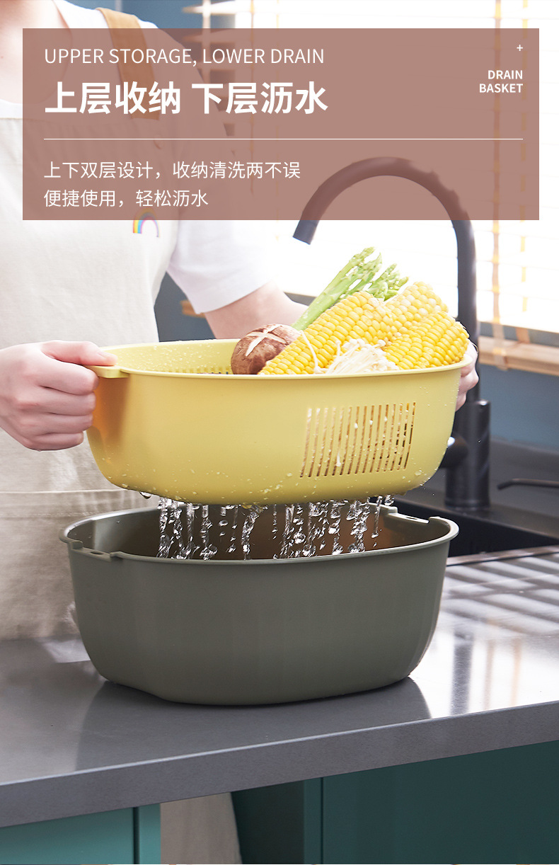 沥水淘米洗菜蔬菜沥水篮多功能双层加厚沥水篮 便携厨房塑料镂空详情3