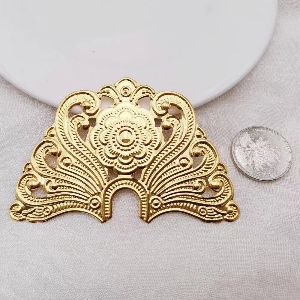 DIY headwear accessories 88*62mm golden ancient costume headwear, crescent-shaped carved flower pieces, bride headwear accessories pic 3