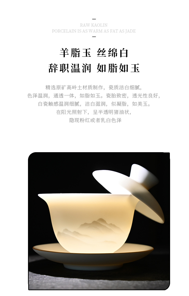 High-end kung Fu tea set, household light luxury sheep fat jade gilded covered bowl teapot tea set, complete set wholesale pic 5