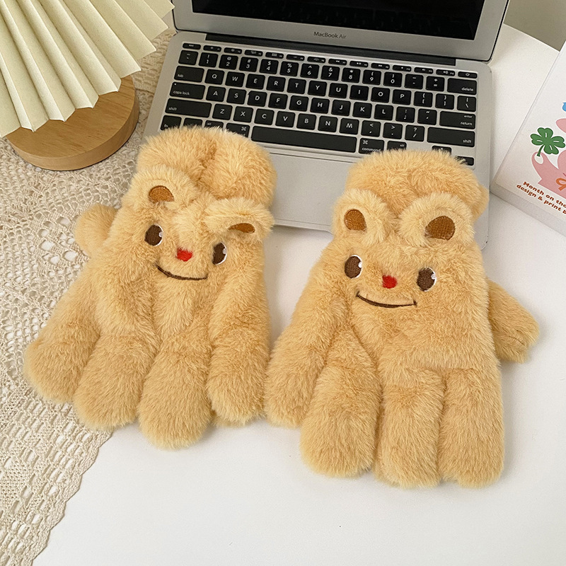 手套冬季女可爱卡通黄色小熊毛绒翻盖骑行学生保暖加绒加厚围巾详情5