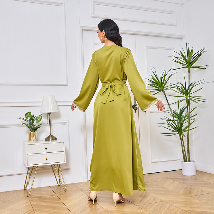 MT098中东外贸迪拜穆斯林长袍女装 刺绣金色珠片花边连衣裙 abaya详情23