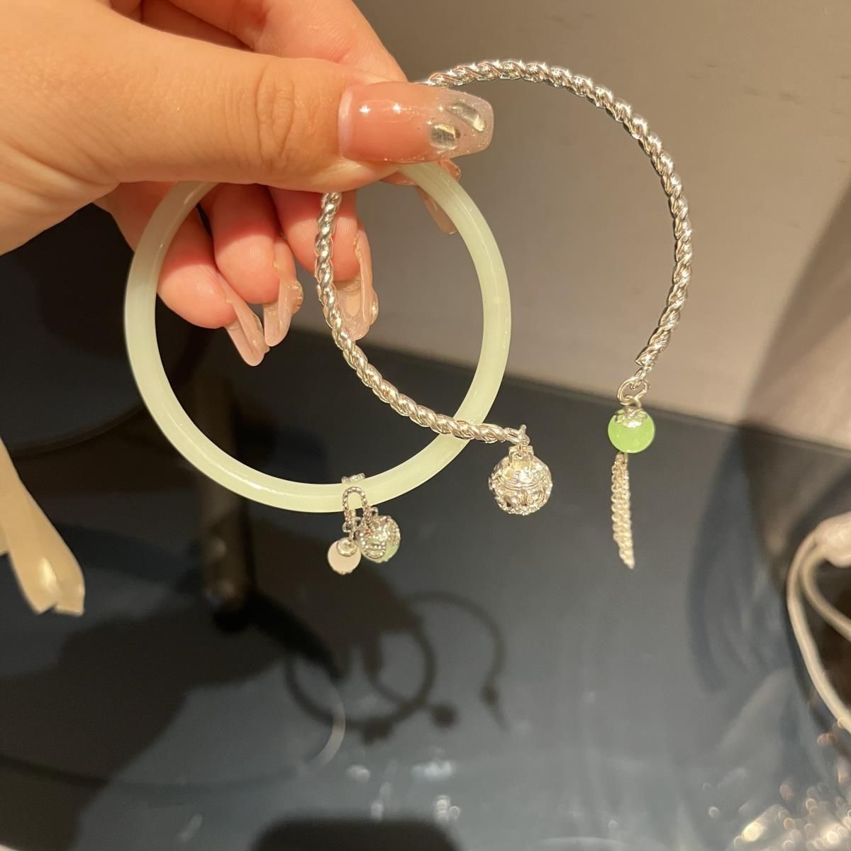 Retro style, clear water green open bracelet, jingle bracelet, female bell, sweet, ins, high-end fringed bracelet pic 5