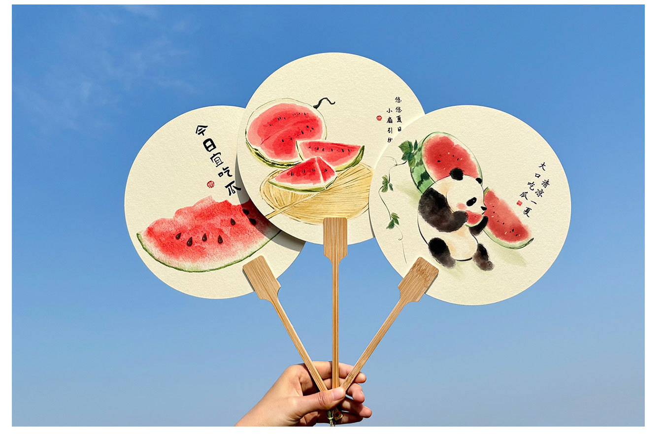 创意手绘西瓜宣纸团扇中国风国潮扇子夏季旅游拍照打卡暖场小道具详情5