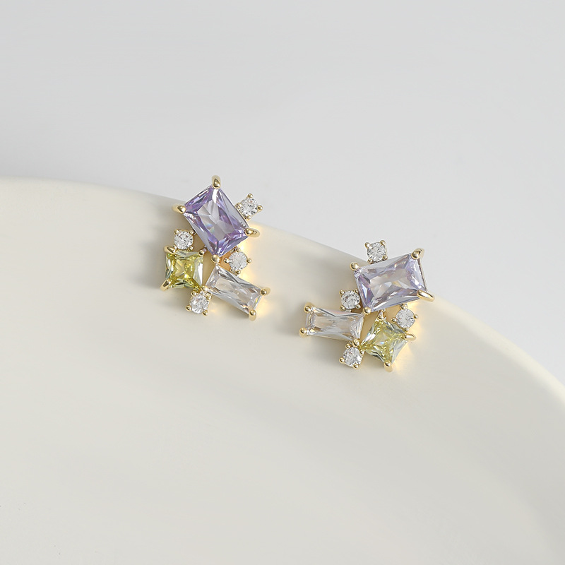 S925银针韩版时尚镶锆石耳钉女小众设计感方糖耳饰甜美风学生耳坠详情9