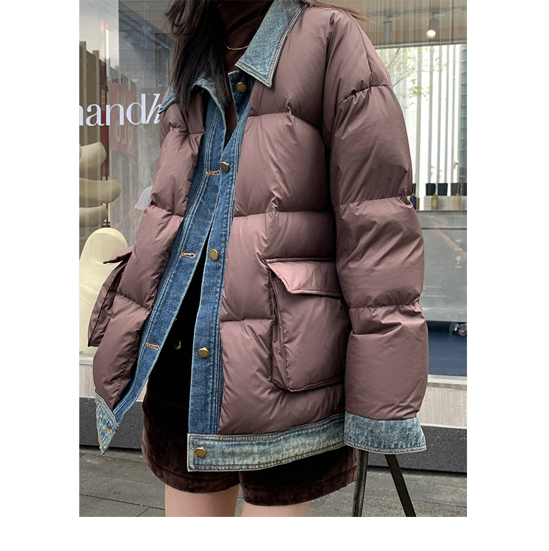 Qumeng DT CLASSIC Retro patchwork fake two-piece denim down jacket for women, 90 white duck down winter coat for women pic 54