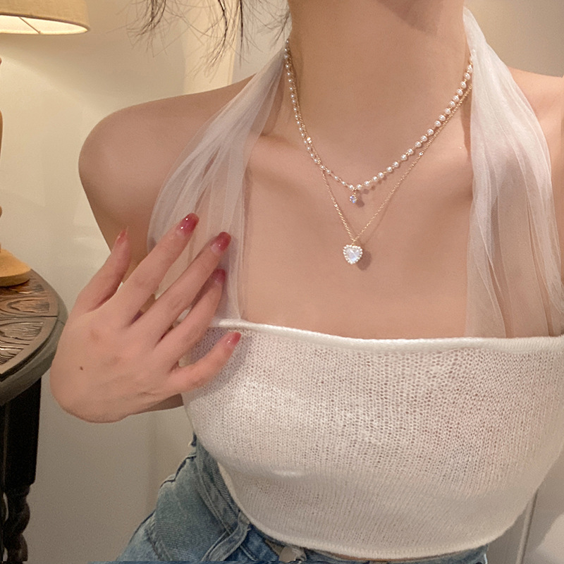 Summer pearl double-layer heart-shaped necklace for women, light luxury high-end design, niche layer-and-wear exquisite collarbone chain necklace, ins pic 1