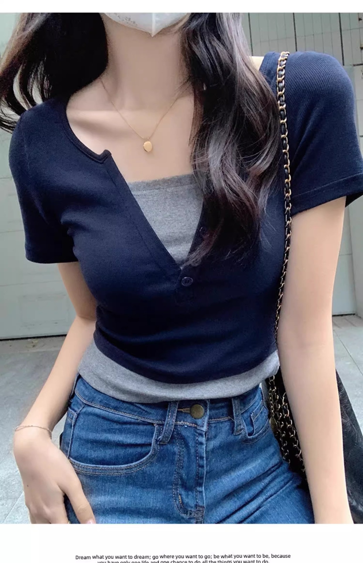 Pink V-neck off-the-shoulder T-shirt for women, short sleeve, new spring and summer style, two-piece design, slim and short, pure and sensual pic 36