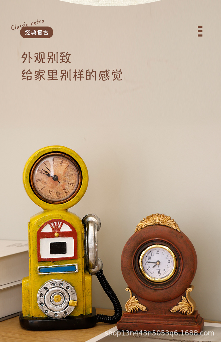 复古美式座钟造型摆件树脂工艺品书柜桌面装饰台钟艺术感时钟批发详情3