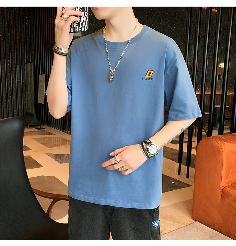 Pure cotton T-shirt for men, summer short-sleeved 2024 new Korean style five-quarter sleeve off-the-shoulder shirt, loose trendy brand short-sleeved large size pic 18