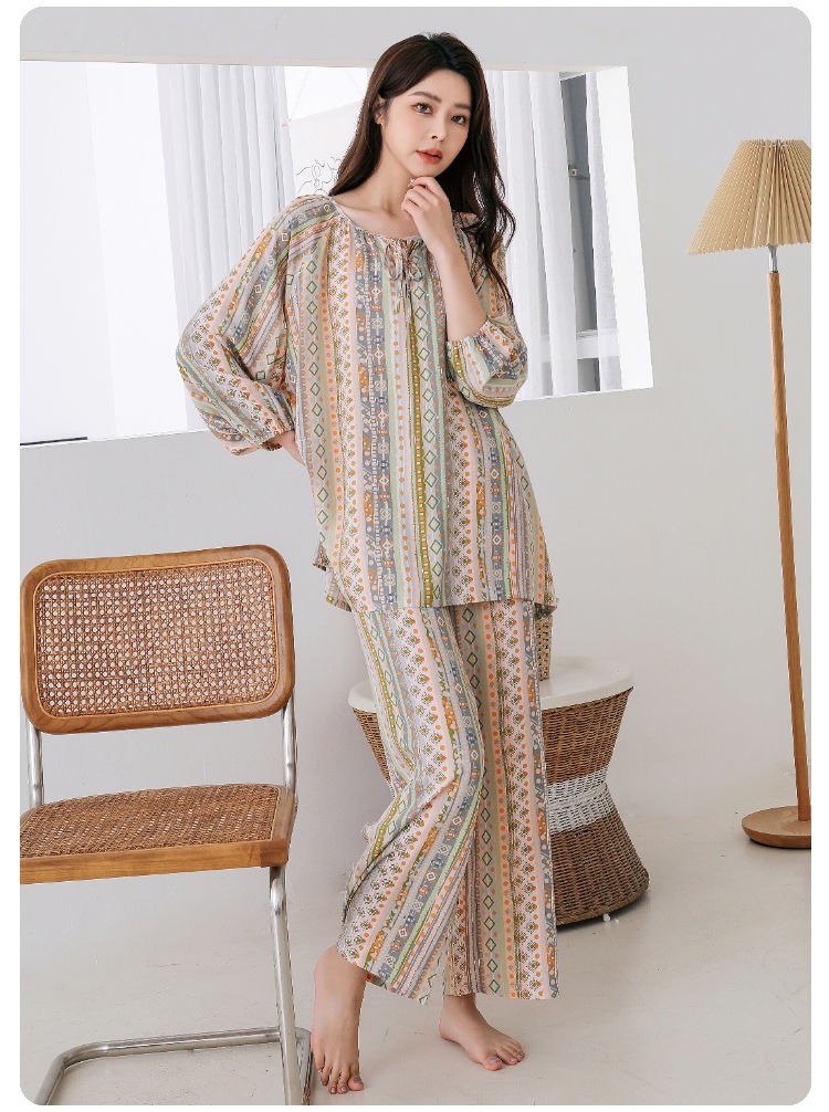 40支棉绸睡衣女士宽松国风灯笼袖高级感人棉长袖长裤家居服套装详情11