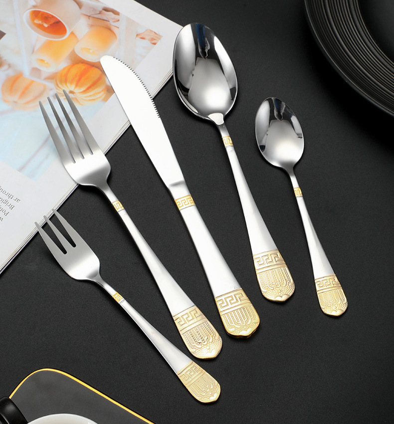 不锈钢皇冠镀金酒店牛排西餐刀叉勺套装花纹刀叉勺四件套可加详情14