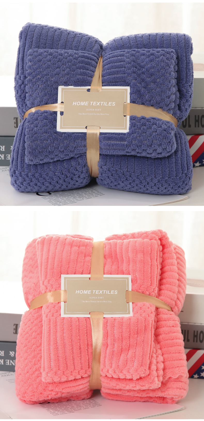 Thickened coral fleece bath towel set, solid color auspicious pattern, soft and absorbent adult beach towel set wholesale pic 9