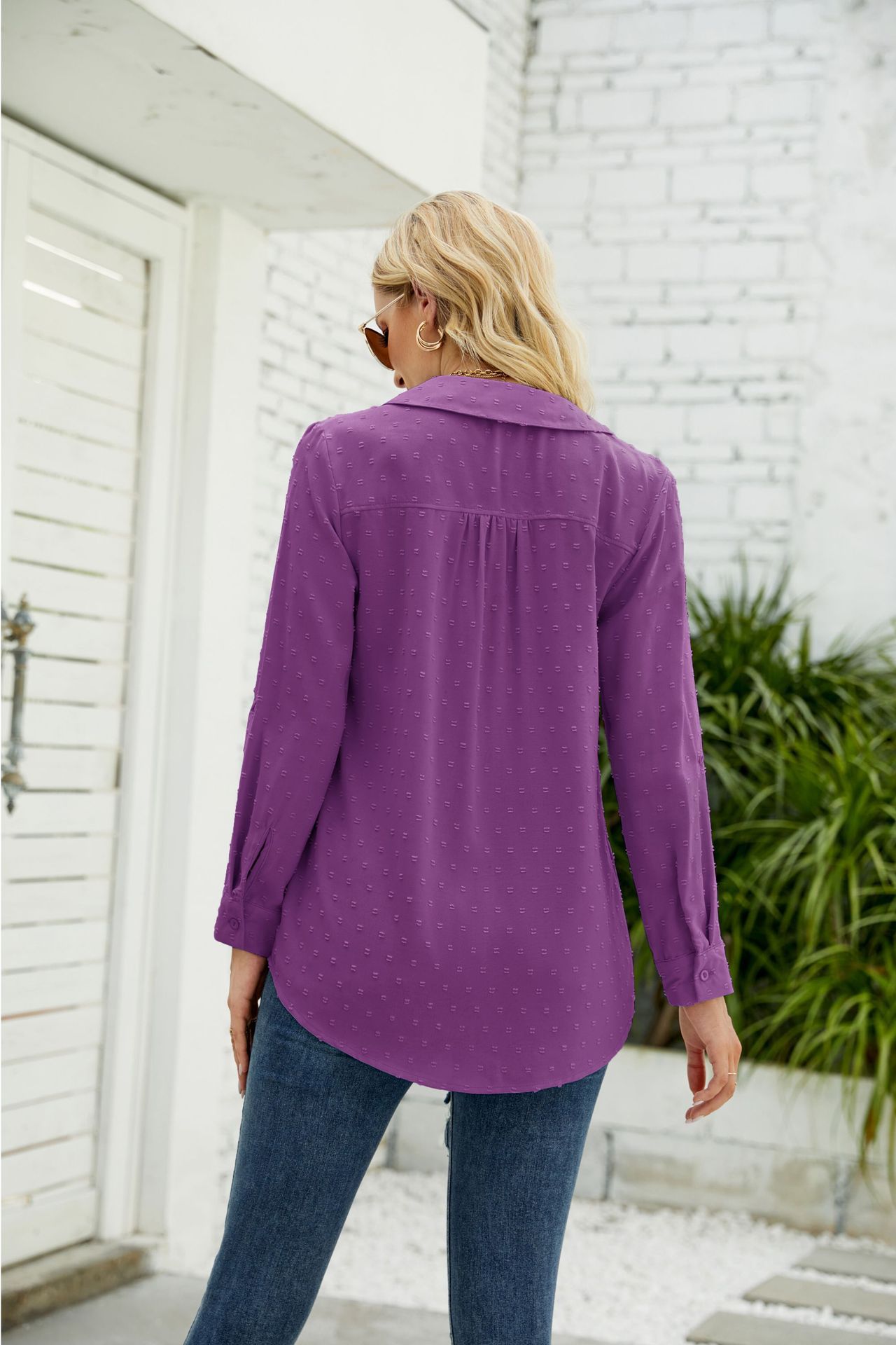 跨境欧美女装亚马逊秋冬新款立领长袖衬衫提花毛球休闲宽松上衣女详情10