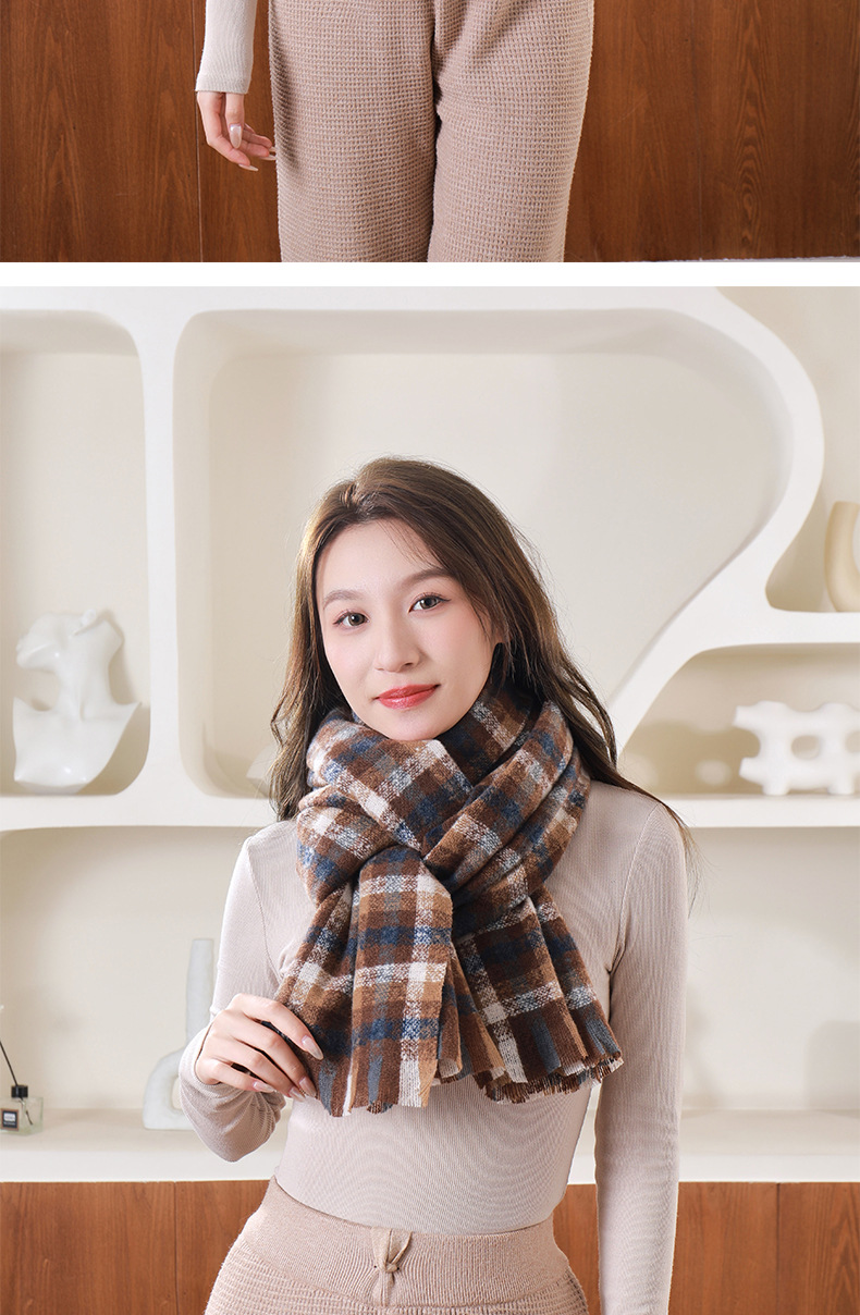 Winter couple student checkered scarf for girls 2023 Christmas gift, thickened and warm fringed faux cashmere scarf shawl pic 15