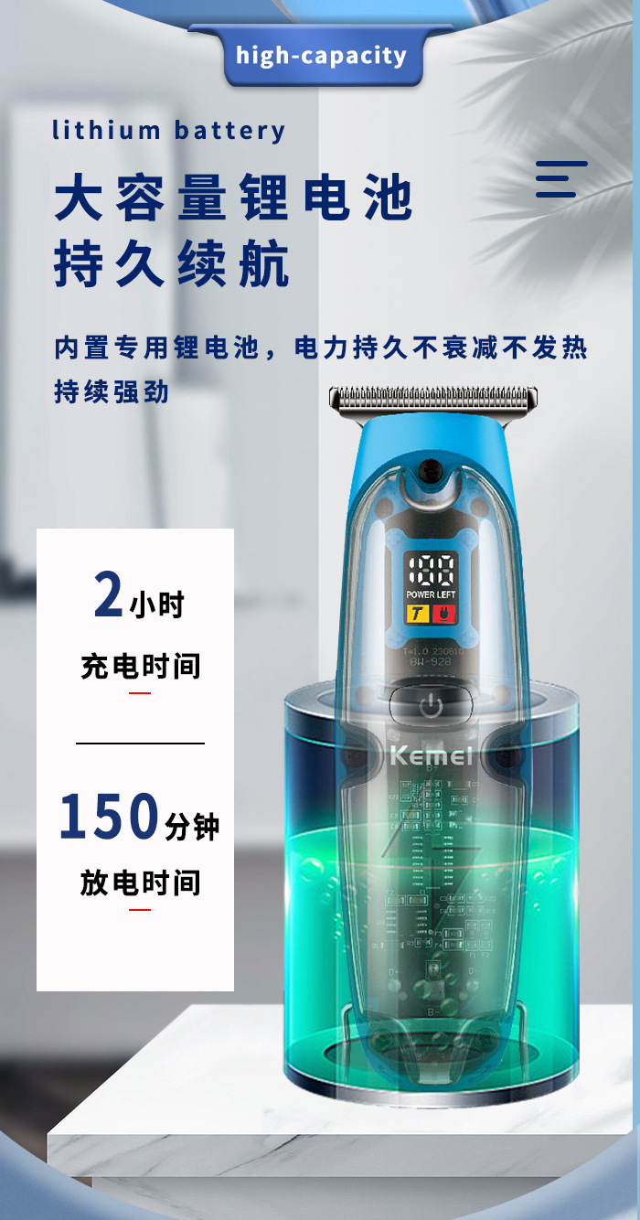 科美/KEMEI跨境小型理发剪精钢刀头数显透明机身专业电推子理发器KM-2258详情7