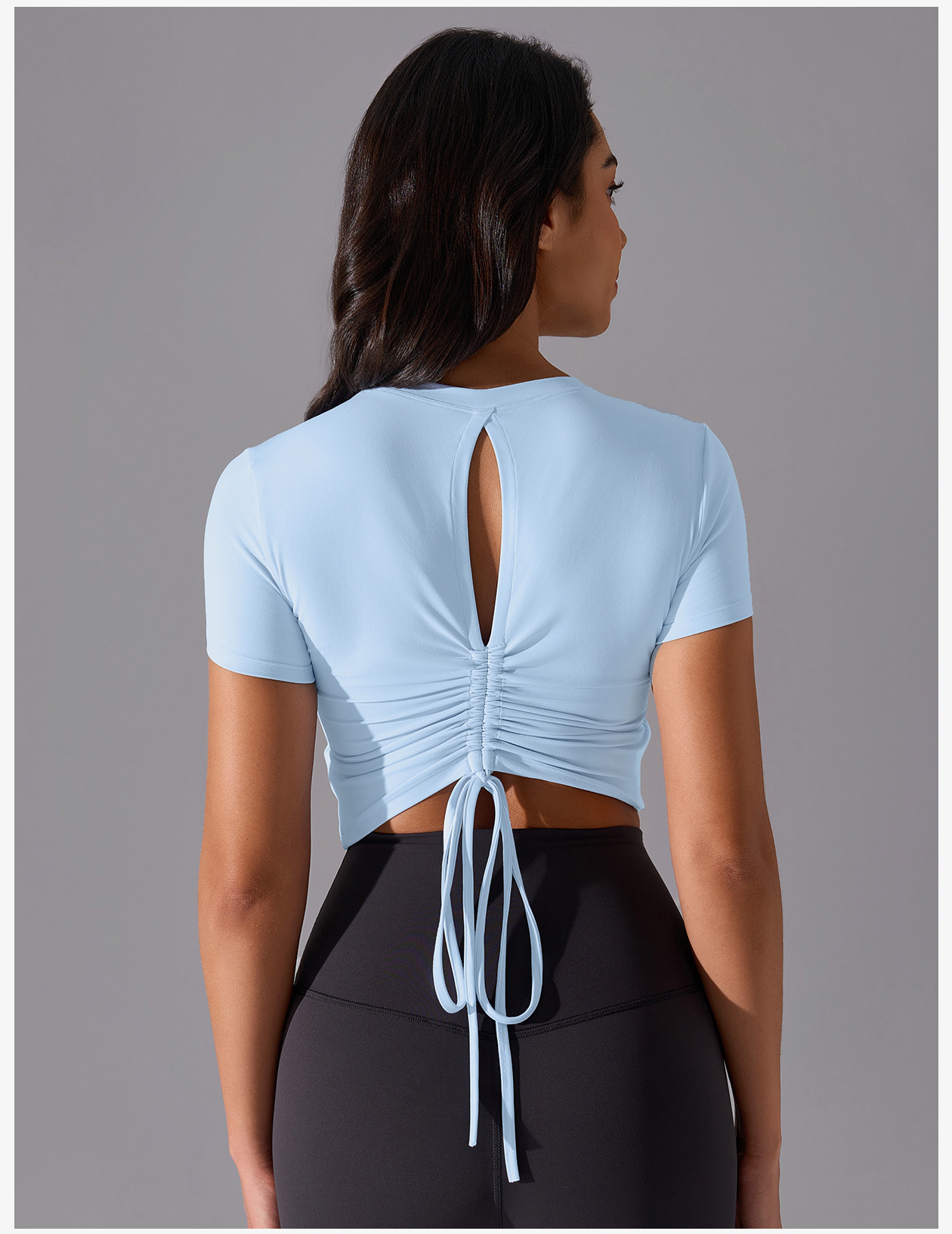 裸感亲肤健身t恤女短款百搭抽绳运动上衣固定杯瑜伽短袖D25061详情17