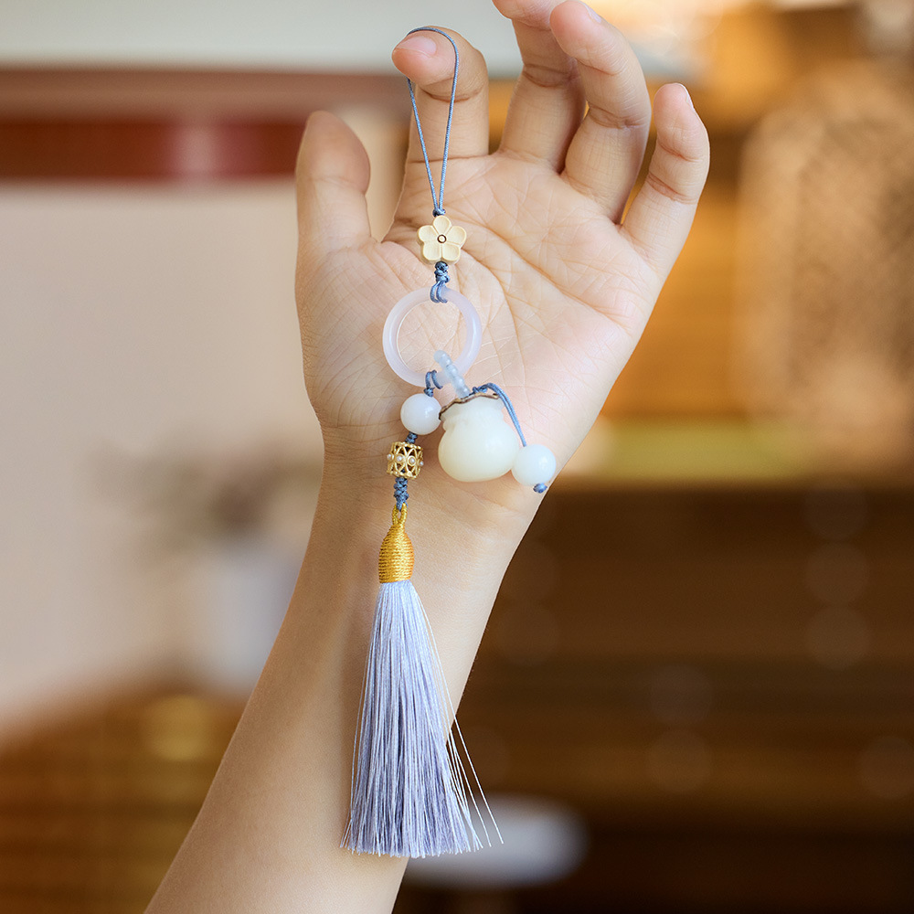 Wholesale of temple style white jade Bodhi mobile phone pendants, money and money bags, retro and ancient-style tassel accessories pic 11