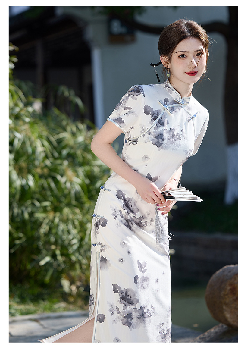 国潮长款改良旗袍2025新款玲珑麻双层年轻款女复古修身温婉江南详情13