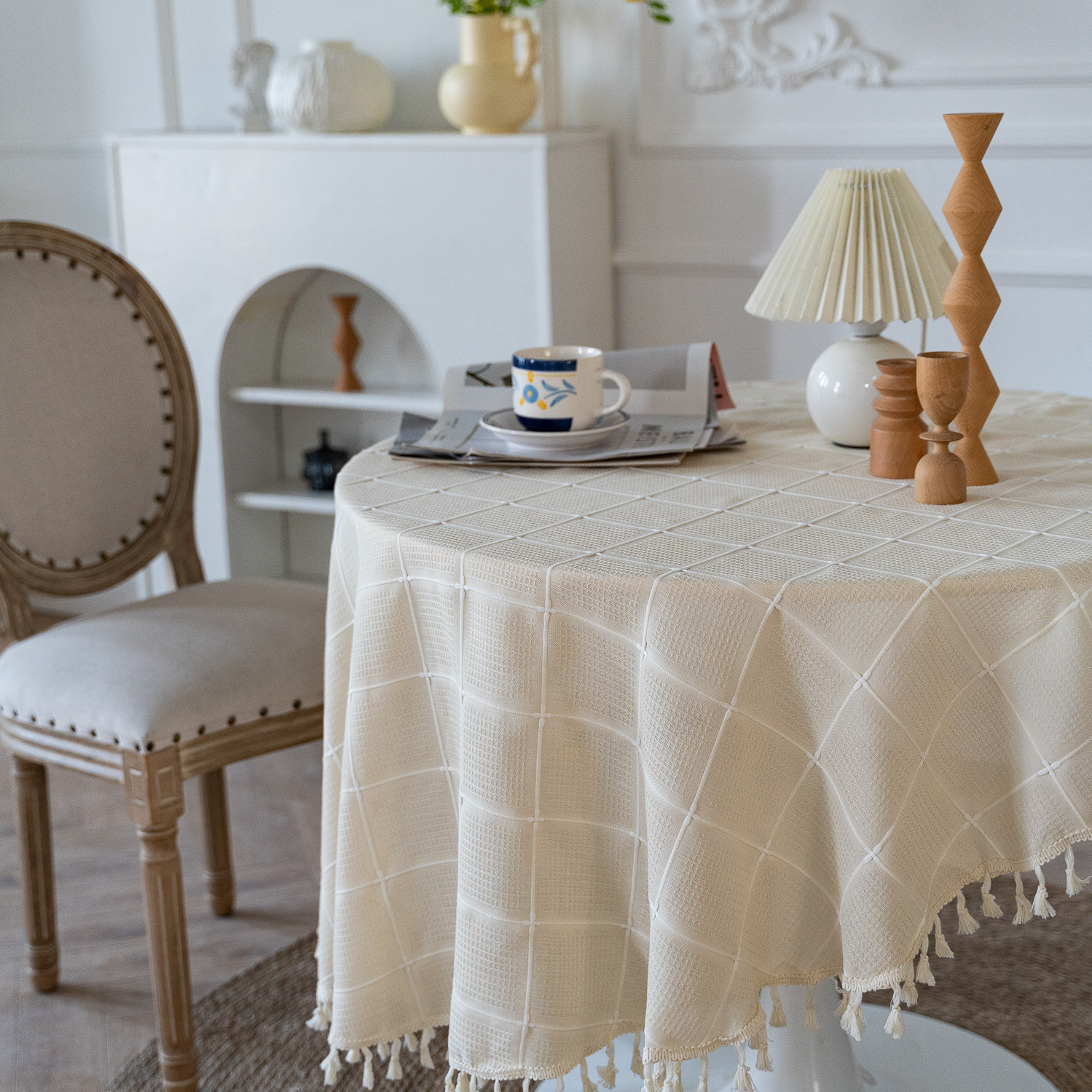 Cross-border TEMU Xiyin round table cloth, Japanese cream white tassel tablecloth, table cloth, cover cloth, Amazon factory wholesale pic 40