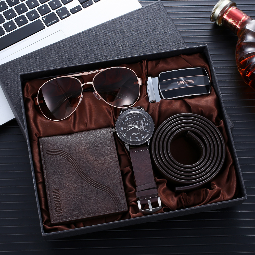 A08223men gift set Business Gift Set Wallet + Belt + Glasses + Watch 4pcs/s pic 1