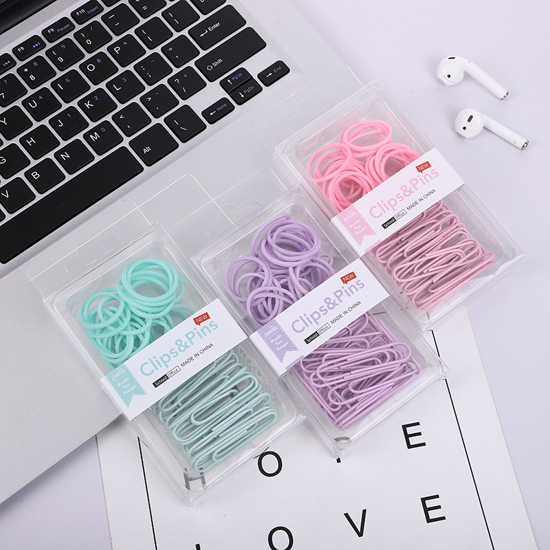 Cross-border 2-in-1 office combo set, macaron-colored paper clip, ticket holder, thumbtack, round head clip, keychain box pic 3