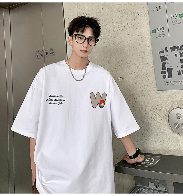Camiseta de manga corta de estilo americano de algodón pesado hombre verano 2024 nuevo oso estampado estado de moda puerto estilo chico camiseta pic 31
