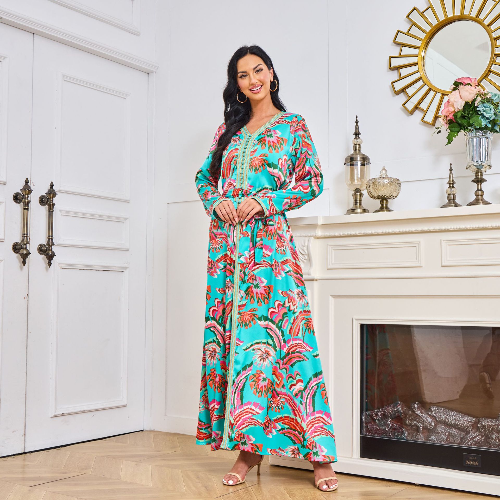 MT098中东外贸迪拜穆斯林长袍女装 刺绣金色珠片花边连衣裙 abaya详情7