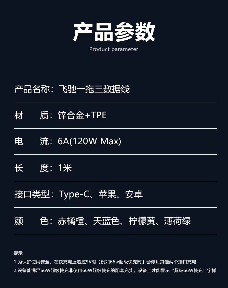 厂家批发一拖三机客数据线充电线三合一type-c120W超级快充数据线详情1