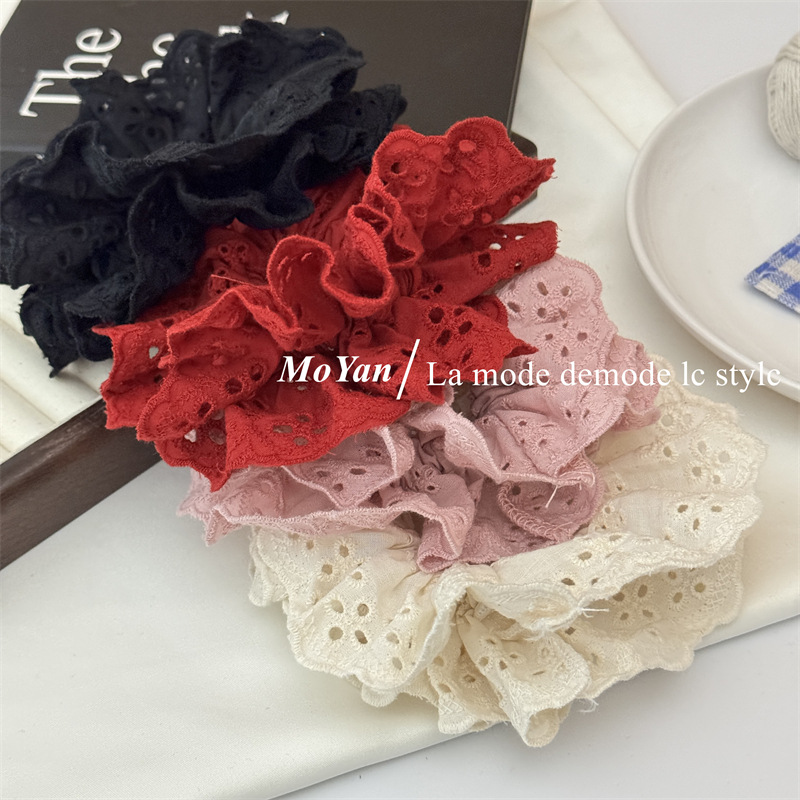 French retro atmosphere lace large intestine hair tie, popular embroidery with hollowed-out patterns and ruffled edges, hair accessory and hair band pic 19