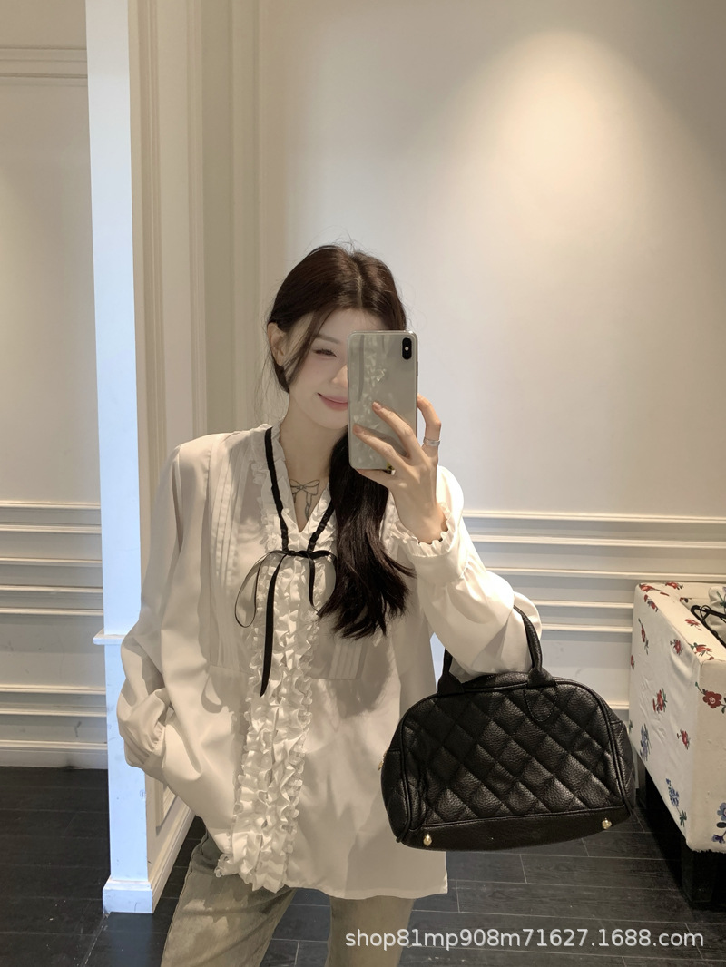 法式千金早春压褶小众气质名媛甜美系带蝴蝶结衬衫女长袖白衬衣女详情5