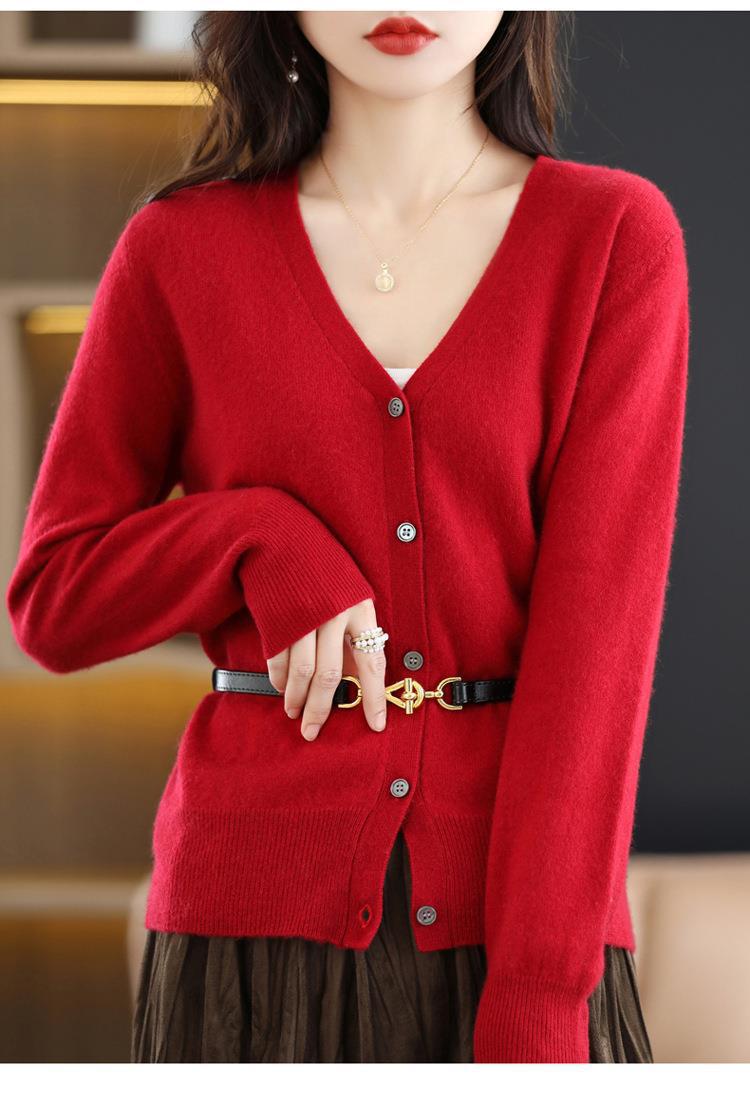 New Spring and autumn knitted cardigan for women, V-neck loose short solid color long-sleeved versatile sweater coat made of wool blend pic 27