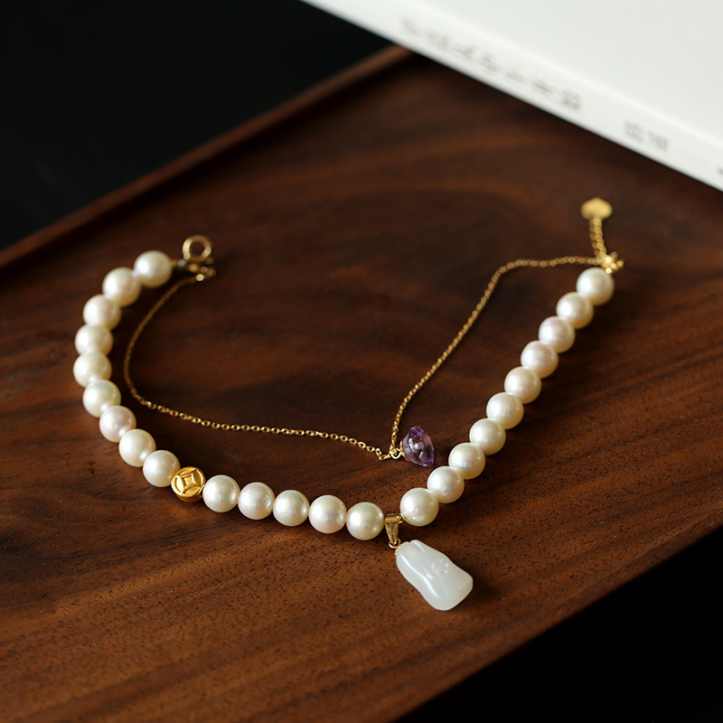 Pure gold K gold handcrafted natural nearly round freshwater pearl bracelet, 18K gold chain hanging amethyst, original DIY for women pic 13