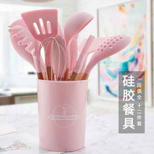 Cross-border best-selling 12-piece set of wooden handle kitchenware, FDA silicone non-stick cookware, cooking spatula and baking set with storage bucket pic 4