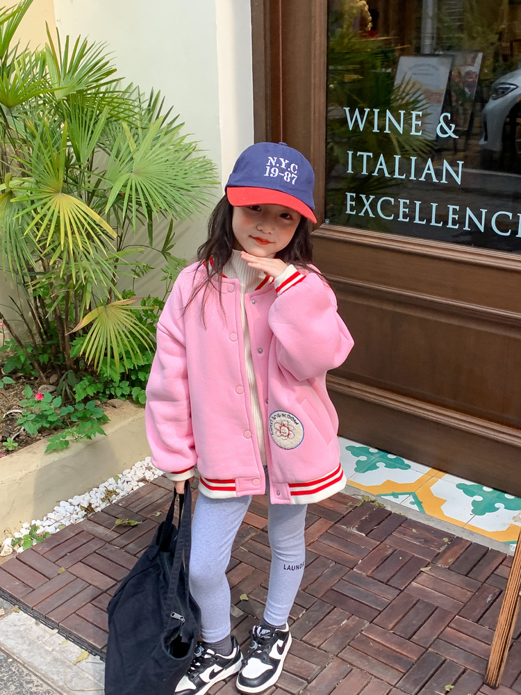 TCkids2022AW Autumn/Winter Edition fleece thickened embroidered label pink baseball jacket pic 9