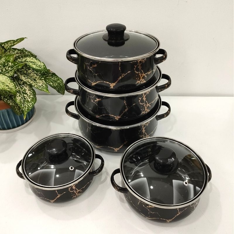 Factory direct sales 673DG genuine gold enamel cookware 16-24 cm five-piece set soup pot glass lid pic 2