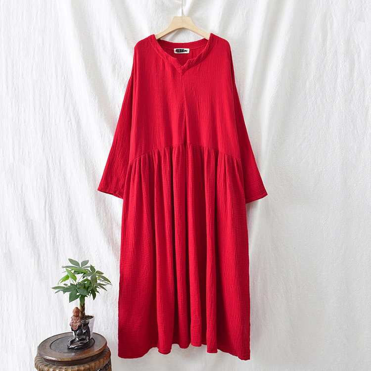 Spring and summer V-neck textured natural linen loose robe, double-layer large hem elegant long dress, retro fairy dress pic 4