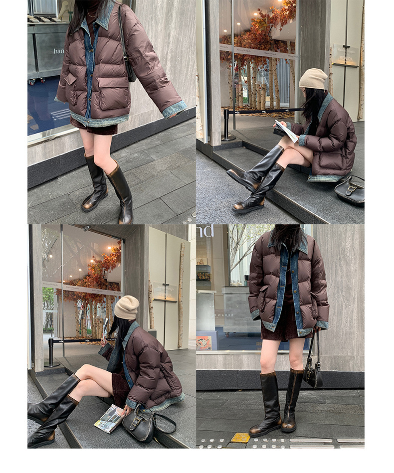 Qumeng DT CLASSIC Retro patchwork fake two-piece denim down jacket for women, 90 white duck down winter coat for women pic 52