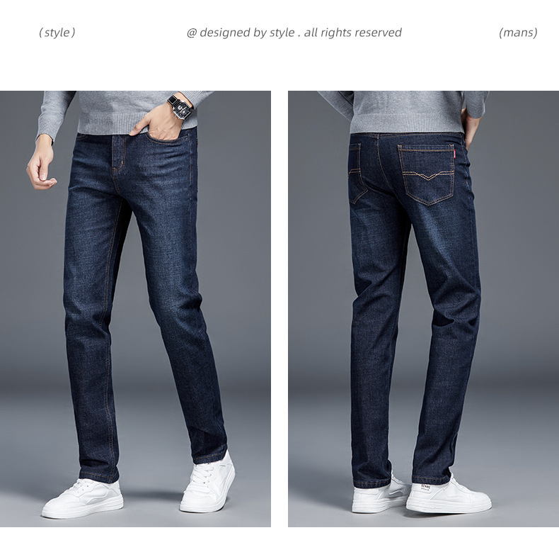 Fleece jeans for men in winter, mid-waist no-iron casual pants, warm thickened stretch straight-leg pants for men pic 13