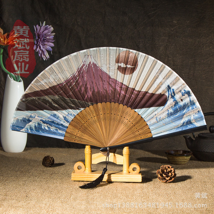 哑光漆边真丝娟面日式和风江户日本竹柄折扇 富士山系列和服扇子详情3