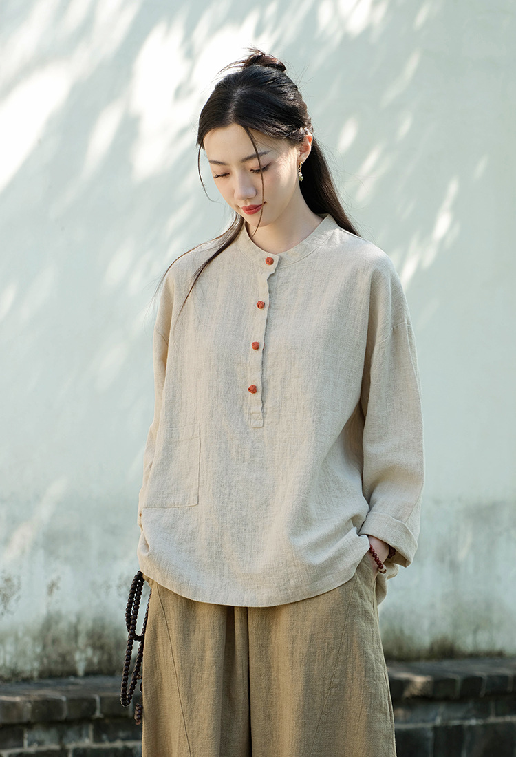 2024春夏棉麻女装新品亚麻立领拼色盘扣套头大码上衣女式棉麻衬衫详情12