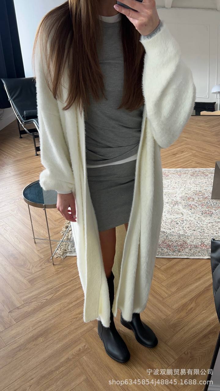 2025秋冬新长款仿貂开衫女跨境欧美风热卖慵懒风针织毛衣带腰带详情4