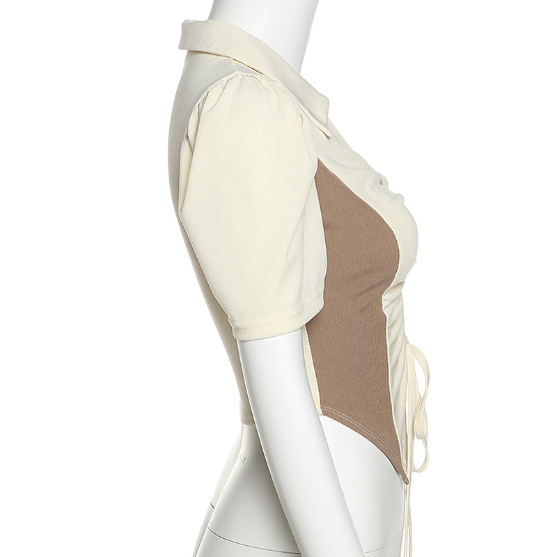 Estilo europeo y americano verano 2022 nuevo estilo mujer moda solapa colgante color slim crop ombligo plisado cordones manga corta camiseta mujer pic 8