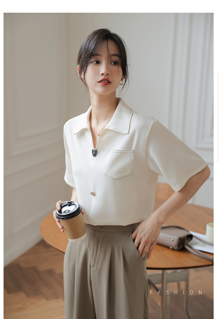 法式v领雪纺短袖衬衫夏季上衣设计感小众女式休闲风通勤气质衬衣详情11